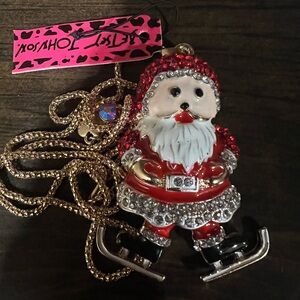 Betsey Johnson crystal enamel Santa  necklace on ice skates new